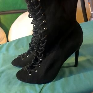 Faux Suede Lace Up Heeled Boots